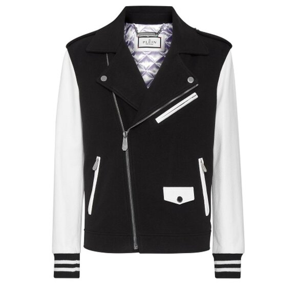 PHILIPP PLEIN Wool and Leather Biker Jacket like NEW, Size 3XL runs small - Picture 1 of 17